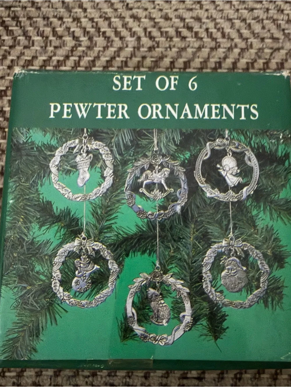 Vintage Set 6 Pewter Wreath Christmas Ornaments 3
